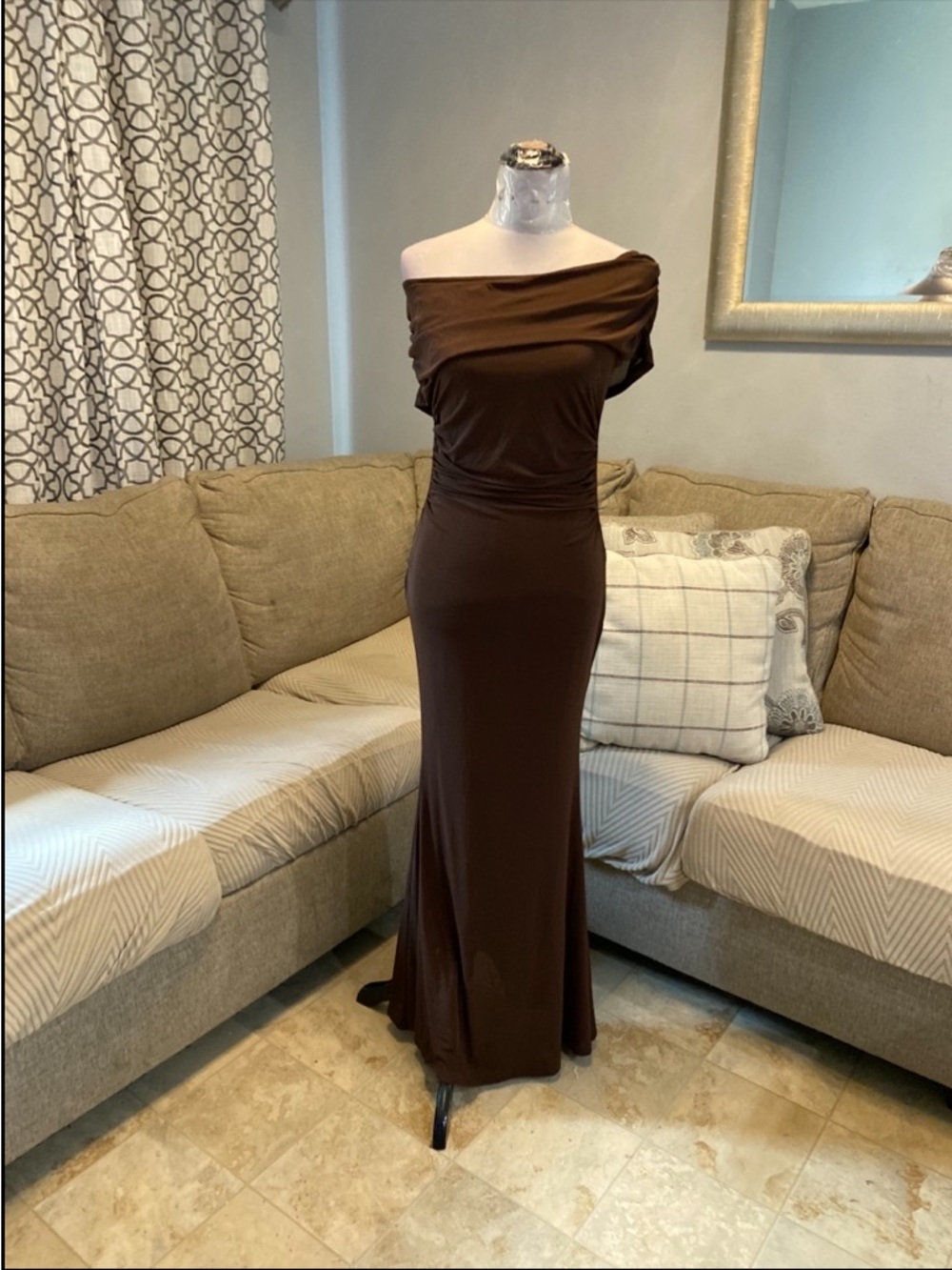 New Women Medium Off The Shoulder Brown Ruched Formal Dress - Picture 7 of 11